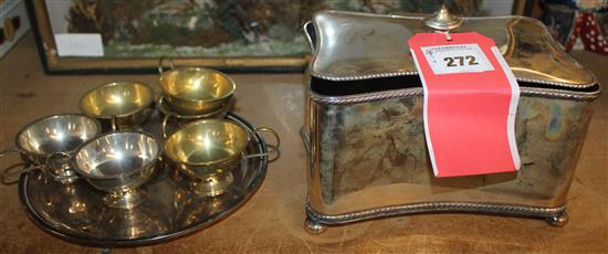 Silver plated tea caddy, tray and 6 cups(-)